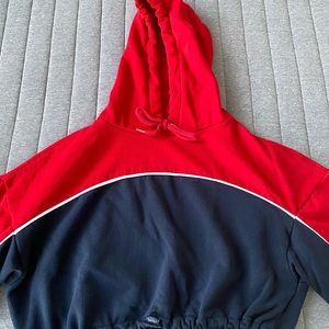 red and blue cropped hoodie